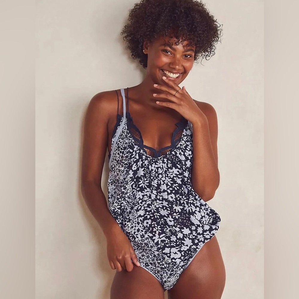 Free People Be Kind Bodysuit Crisscross Backstraps Scoop Neckline Navy Blue Sz M